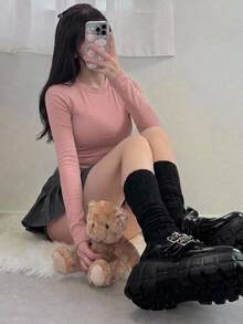 DAZY 女款夏季小立領長袖修身裹身性感休閒百搭打底T恤 - 粉色 - 查看 4