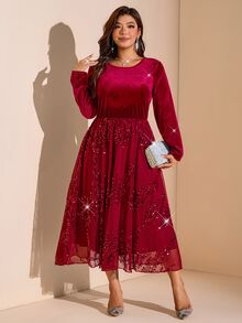 Comfylo Plus Size Elegant Sequin Soft Long Sleeve Evening Dress - Red - View 3