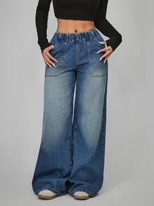 Jeanoix Plus Size Street Style Loose Fit Vacation Denim Jeans With Pockets - Blue - View 3