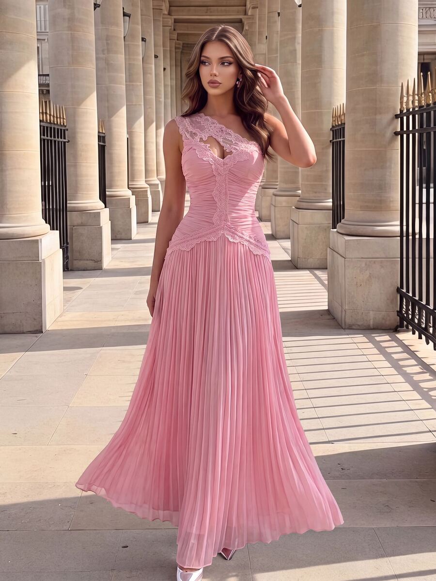 Poshira Women's Sweet One Shoulder Lace Patchwork Pleated Ball Gown Dress - Pink - View 1