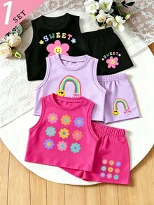 女童幼兒春夏秋時尚彩色花朵彩虹字母印花休閒基礎背心短褲套裝 - 彩色 - 查看 1