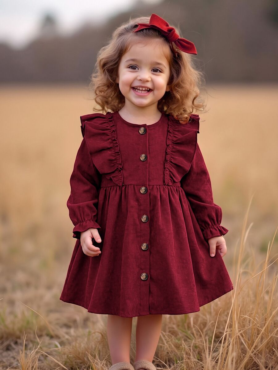 SHEIN Lindo vestido de punto rojo de manga larga con volantes en el bajo para niñas bebé - Burdeos - Ver 1
