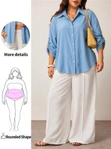 Enliva Plus-Size Women's Three-Quarter Sleeve Button-Down Shirt, Suitable For Commuting Apple,Rounded Body - Blue - View 1