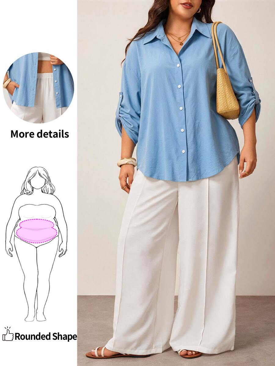 Enliva Plus-Size Women's Three-Quarter Sleeve Button-Down Shirt, Suitable For Commuting Apple,Rounded Body - Blue - View 1