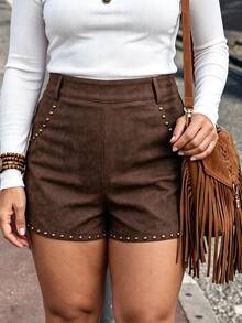Nubod Plus Size Women's Casual Fashion Vacation Style Brown Cut-Out Waist Shorts With Side Pockets, Heavy Rivet Decor And A-Line Hem - Brown - View 1