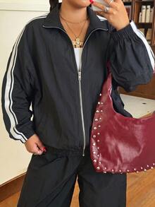 Muchica Women's Plus Size Casual Fashion Striped Side Stripe Decor Zipper Jacket And Wide Leg Pants 2 Pieces Set - Black - View 7