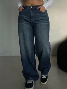 Dazy Plus Celana Jeans Lurus Kasual dengan Jahitan Kontras Warna Polos, Model Santai untuk Komuter, Koleksi Terbaru Musim Gugur - Dark Wash - View 3