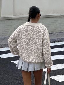 Muchica 女款秋冬豹紋落肩長袖休閒運動衫 - 彩色 - 查看 2