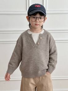 Dazy Kids Young Boys Dual-Color V-Neck Sweater Casual Fashion Creative Personalized Fresh - Khaki - View 6