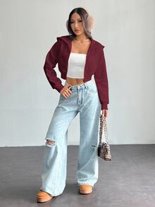 SHEIN PETITE 女款純色前拉鍊長袖口袋極簡連帽外套，休閒日常穿著，長袖上衣畢業季，秋冬返校穿搭，畢業季女裝，教師專業服飾，秋冬返校服飾 - 中紫紅色 - 查看 4