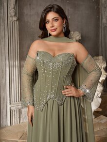Aureia Plus Size Women's Rhinestone Decorated 3D Boning Asymmetrical Hem Mesh Patchwork Formal Evening Gown (Heavy Embellishment Style) - Olive Green - View 4