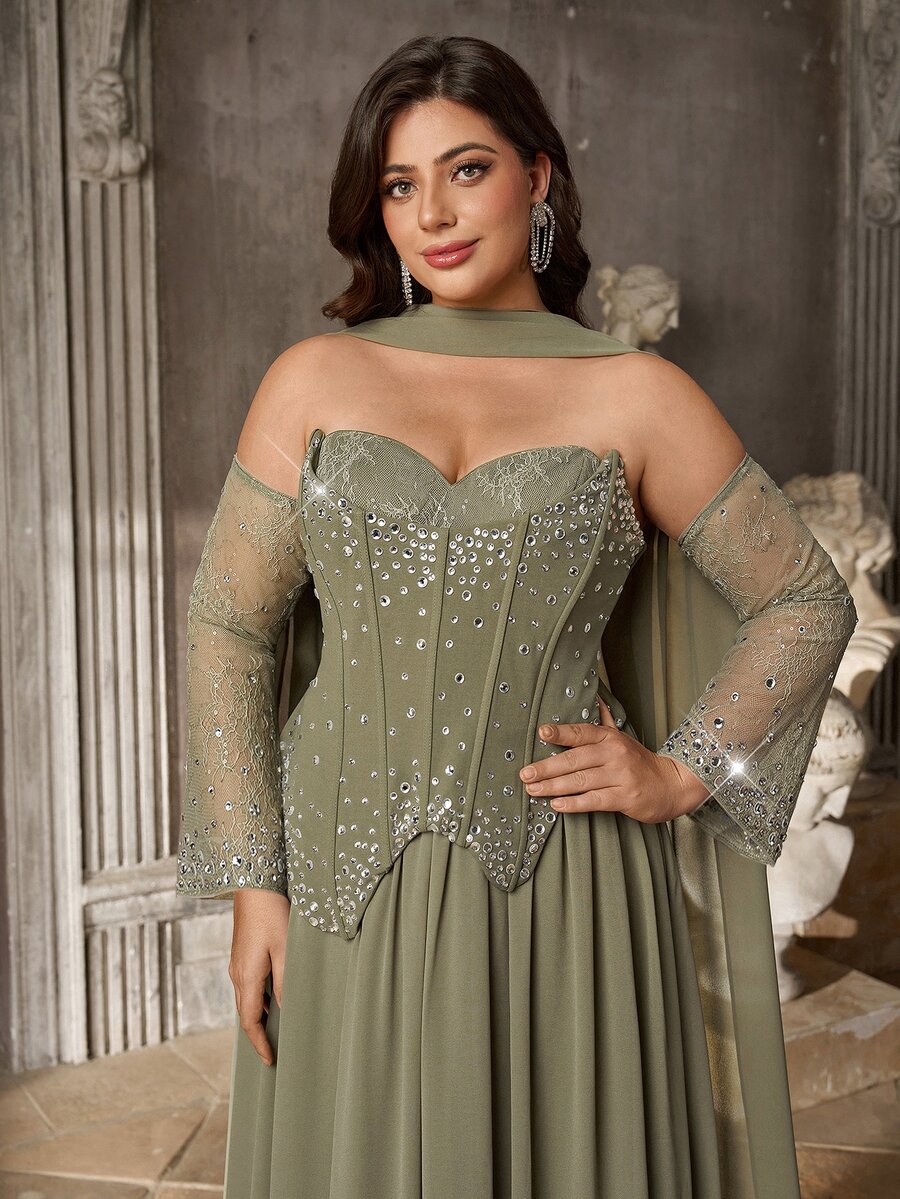 Aureia Plus Size Women's Rhinestone Decorated 3D Boning Asymmetrical Hem Mesh Patchwork Formal Evening Gown (Heavy Embellishment Style) - Olive Green - View 1