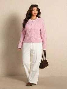 Elaquor Women's Plus Size Autumn Sweet Lace Patchwork Hollow Knit Cardigan - Pink - View 6