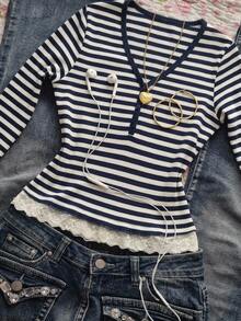 DAZY Women's Striped V-Neck Contrast Lace Hem Casual T-Shirt - Navy Blue - View 5