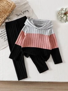 Young Girl Textured Contrast Color Hoodie And Pants Set - Multicolor - View 3
