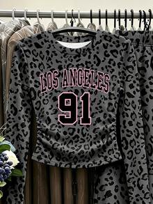 (1套) 青少年女孩秋季休閒時尚 Los Angeles 91 炭黑色豹紋抓皺腰長袖T恤與寬腿褲 - 彩色 - 查看 5