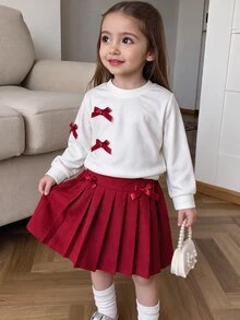 SHEIN Elladie kids Oung Girls 2件組秋季酒紅色長袖套頭衛衣搭配黑色蝴蝶結與百褶裙可愛學院風套裝秋季服飾 - 紅色 - 查看 6