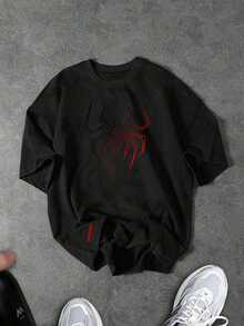 Men's Plus Size Spider Print Crew Neck Sports T-Shirt - Black - View 1