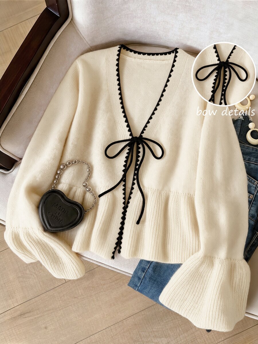 GlowEve CURVE Plus Size Casual Romantic Color Block Trim Tie Bow Ruffle Hem Flare Sleeve Knit Cardigan Elegant Sweater Fall Formal Black And White Winter