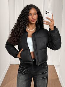 BamGleam Winter Black Stand Collar Hem Cuffed Long Sleeve Padded Coat Everyday Club Streetwear Casual - Black - View 4