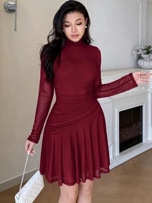 Feyla 女款優雅百褶高領修身短洋裝，喇叭下擺，春/秋季粉色迷你洋裝 - 酒紅色 - 查看 7