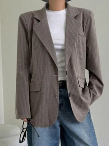 Dazy-Less Loose Striped Minimalist Business Women's Blazer - Brown - View 2
