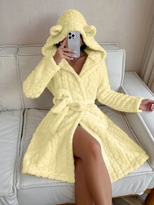 SHEIN 女款毛絨提花動物耳連帽前開襟睡袍 - 黃色 - 查看 1