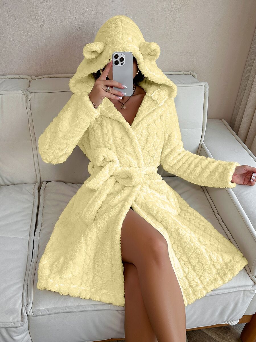 SHEIN 女款毛絨提花動物耳連帽前開襟睡袍 - 黃色 - 查看 1