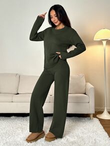 SHEIN PETITE 女款純色圓領長袖毛衣與長褲休閒常規套裝，秋冬款 - 軍綠色 - 查看 4