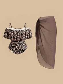 Swim Oasis Plus Size Geometric Print One-Piece Swimsuit 2 Pieces Set - Coffee Brown - View 1