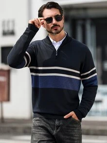 Manfinity Mode Men's Casual Patchwork Striped Knit Half-Zip Pullover Sweater - Navy Blue - View 6