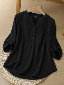 Rosumi 大尺碼純色襯衫，優雅風格，適合春秋穿搭 - 黑色 - 查看 1
