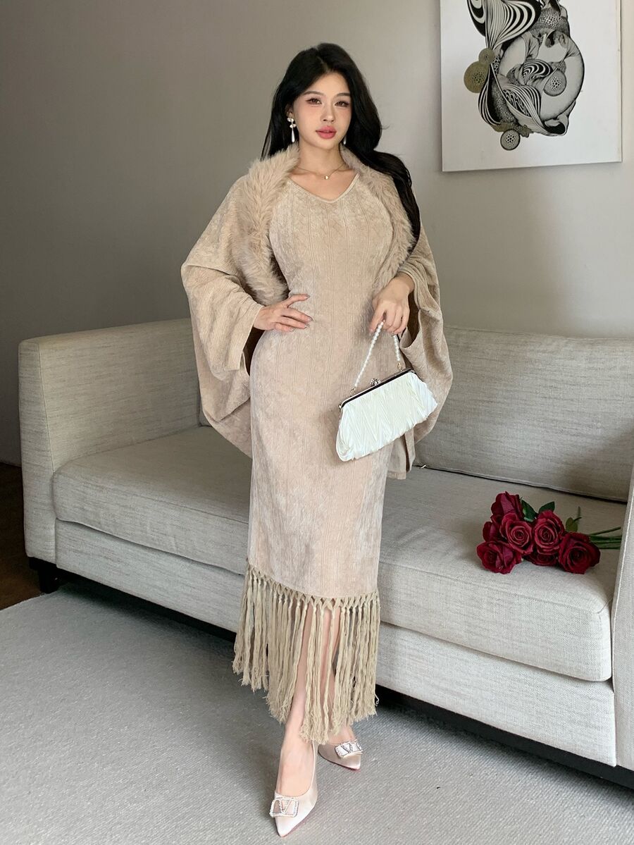 Feyla Women's Solid Color Patchwork Faux Fur Batwing Sleeve Loose Jacket And Tassel Hem Dress Elegant 2 Pieces Set - Khaki - View 1