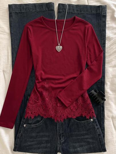 SHEIN Tween Girls Knit Light Tween Girl Grey Hem Contrast Lace Casual Long Sleeve T-Shirt