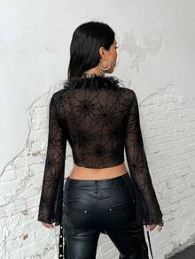 Jeanoix Women's Thin Jacket With Fur Collar, Deep V-Neck, Sexy Spider Web Sheer Design, Flared Long Sleeves, Short Jacket - Black - View 2