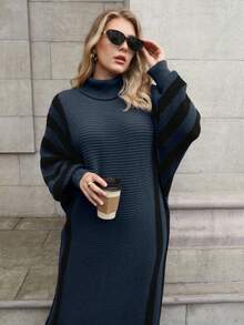 Linhara CURVE Plus Size Women Solid Color Knitted Dress, Striped Cuff High Neck Sweater Dress, Suitable For Christmas, Halloween, Back To School, Office, Vacation - Royal Blue - View 3