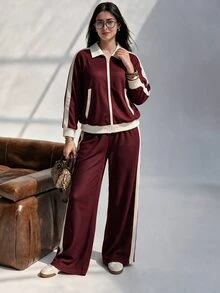 Modelyn Women's Casual Korean Style College Style Lapel Relaxed Fit Zip-Up Jacket & Wide Leg Pants Plus Size 2 Pieces Set - Burgundy - View 6