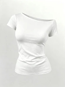 IslaSuriya Women's Fashion Rivet & Floral Pattern Asymmetrical Shoulder Tight Short Sleeve T-Shirt, Summer - Grey - View 4