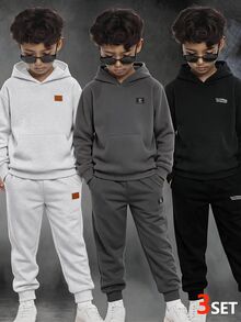 青少年男孩時尚極簡連帽衫與運動長褲休閒套裝 - 黑與白 - 查看 1