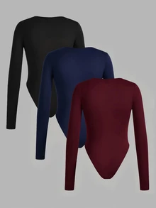 SHEIN EZwear 3pcs Solid Color Versatile Contrast Color Women's Long Sleeve Fitted Bodysuit, Suitable For Autumn/Winter - Multicolor - View 2