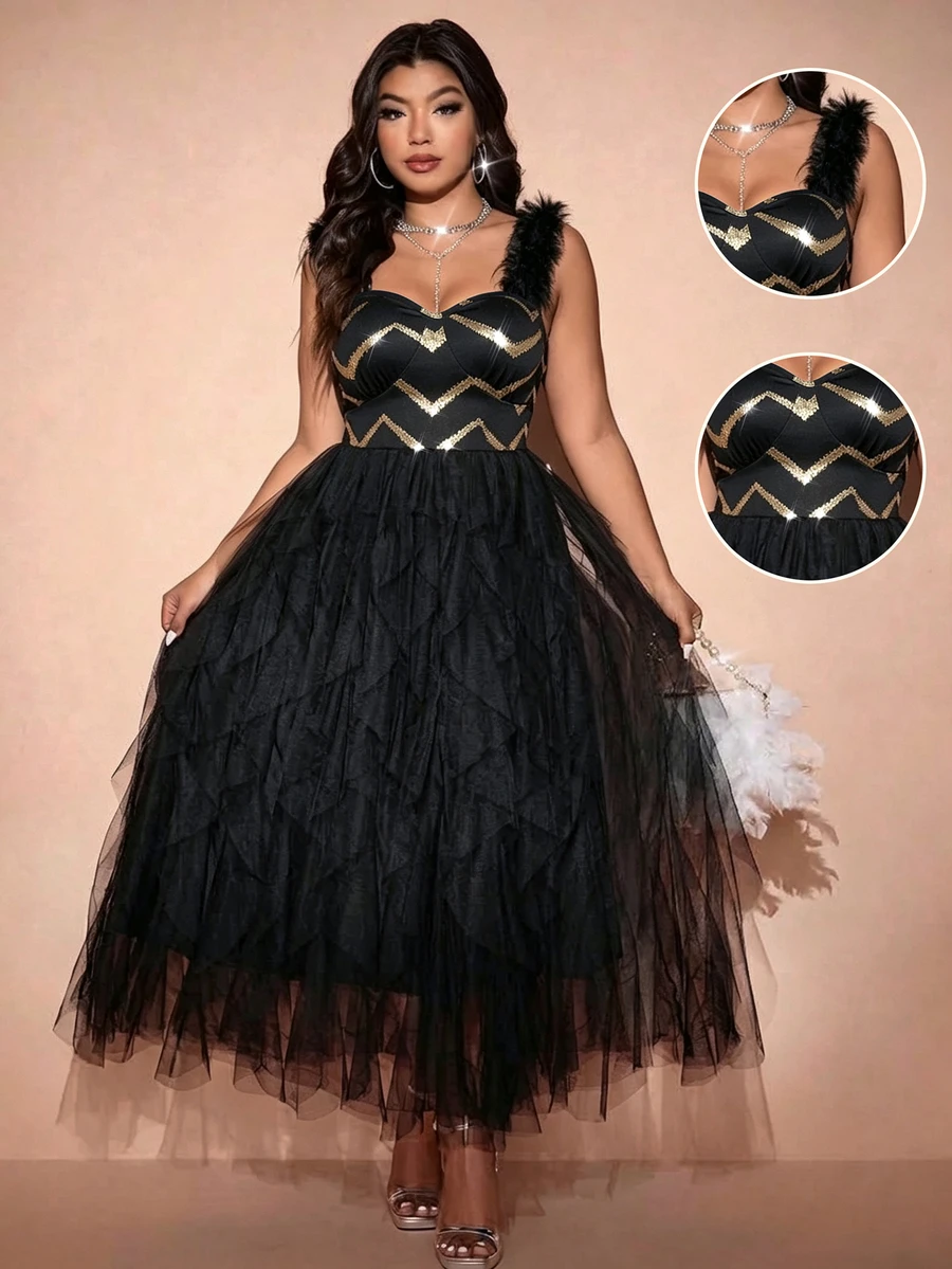Cravure Plus Size Solid Color Elegant Sleeveless Party Dress With Mesh Splice Maxi Women Outfit - Black - View 1