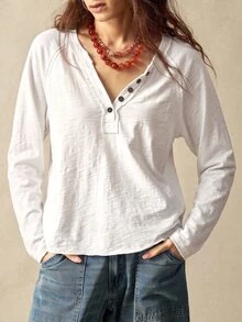 Bohemela Women's Solid Color V-Neck Single-Breasted Casual Everyday Basic Long Sleeve T-Shirt - White - View 7