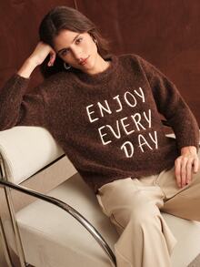 Anewsta Women's Fall/Winter Dark Brown Elegant Embroidered Decor Loose Comfortable Knit Top, Country Boho, Winter Clothes, Christmas Jumper, Going Out Party - Coffee Brown - View 5