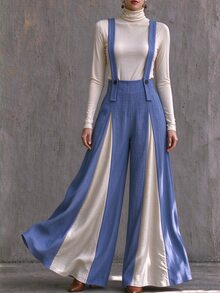 Selianne Haze Blue & Apricot Colorblock Patchwork Jumpsuit For Women, Luxury Texture Drape Wide Leg Pants, Commute & Date Jumpsuit - Multicolor - View 2