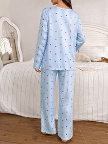 Moonlight&Mama Striped Small Heart Print Collared Long Sleeve Top And Pants 2 Pieces Maternity Pajama Set - Blue - View 2