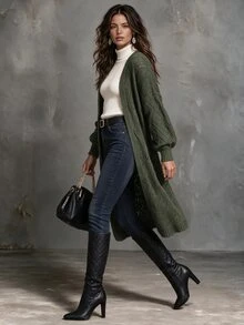 Solivie Women's Drop Shoulder Ribbed Knit Long Cardigan, Green Long Sleeve Top For Autumn/Winter Women Fall Winter Sweater Work Tops For Women - Green - View 5