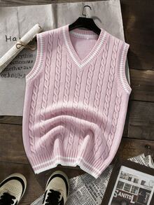 Manfinity Homme Men's V-Neck Sleeveless Knitted Striped Vest - Pink - View 3