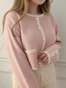 Dazy Plus Plus Size Colorblock Patchwork Korean Style Button Knit Cardigan - Pink - View 3