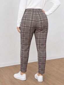 Shapeblank 大尺碼女款秋冬時尚休閒彈性舒適黑白格紋鬆緊腰錐腳長褲，秋季穿搭工作褲 - 棕色 - 查看 2