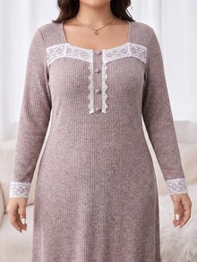 Al Najma Plus Size Women's Casual Sweetheart Neckline Long Sleeve Lace Patchwork Button Design Arabian Dress - Dusty Pink - View 6